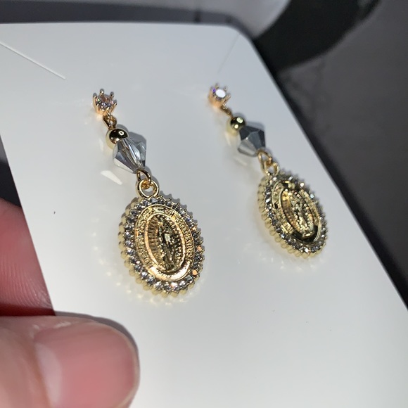 Cubic Zirconia Stud Post Earrings with Gold Plated Pendant and Rhinestones - Picture 7 of 14